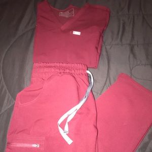 Figs Catarina Scrub Top and High-Waisted Yola Scrub Pants in Burgundy